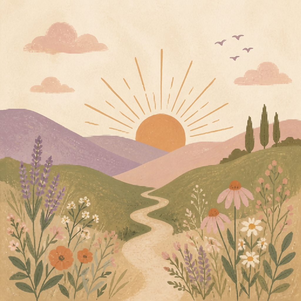 Illustrated sunrise over gentle hills